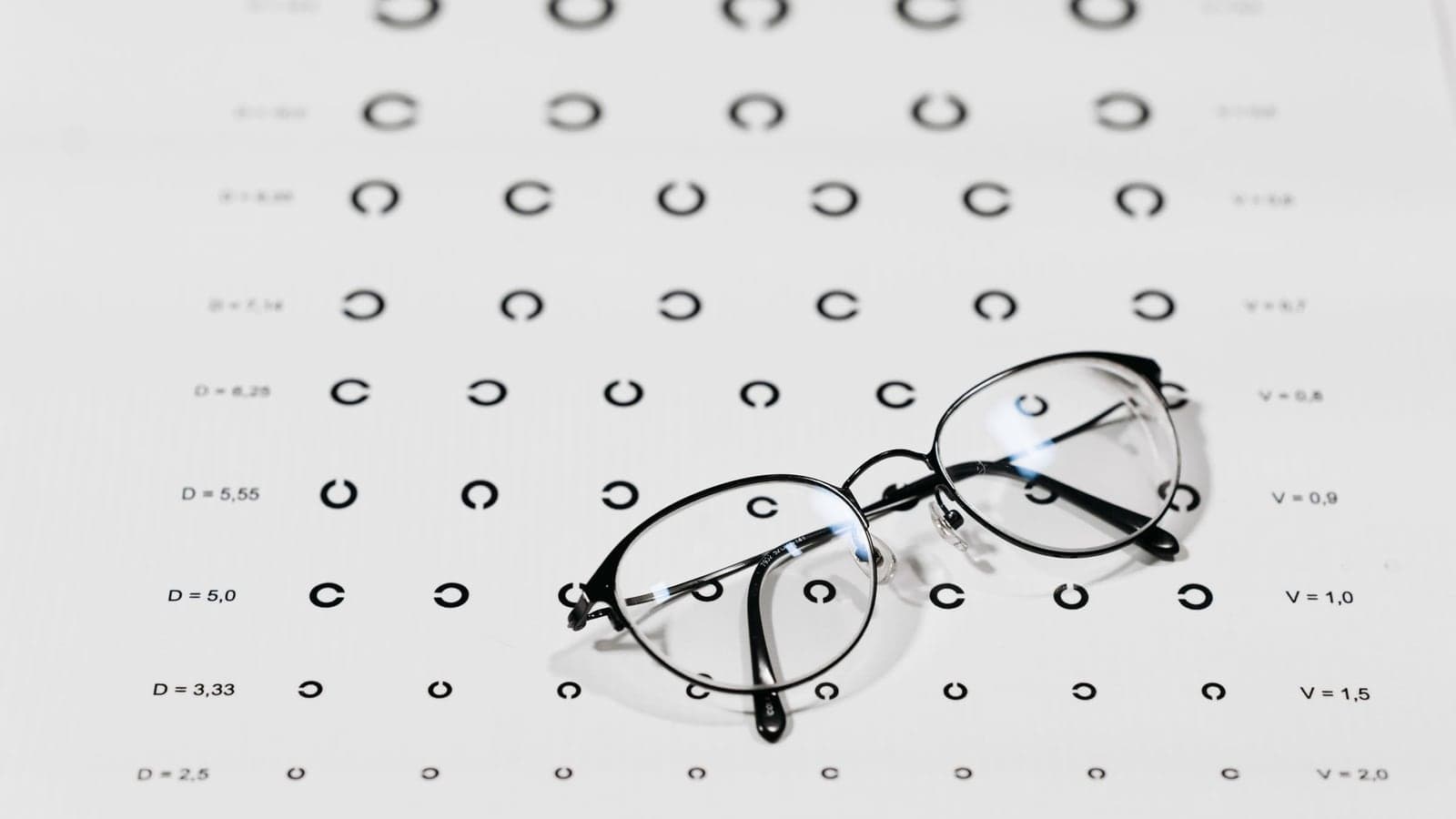 A pair of glasses resting on an eye test chart